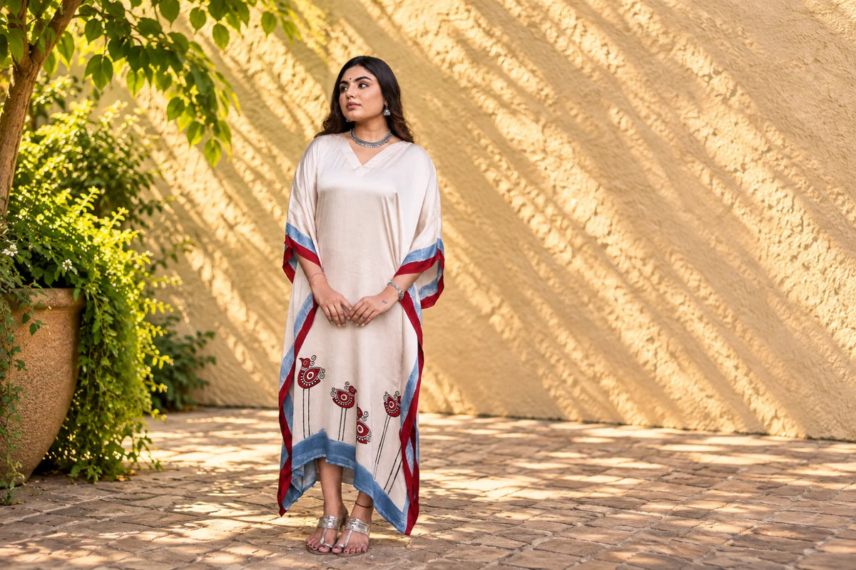Off-White Birds-by-the-Shore Modal Kaftan/ Hanj Collection