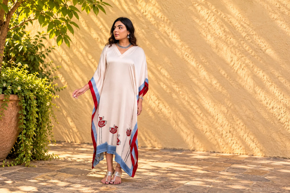 Off-White Birds-by-the-Shore Modal Kaftan/ Hanj Collection