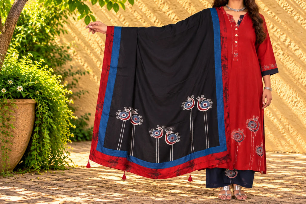 Black Birds-by-the-Shore Crepe Stole/ Hanj Collection