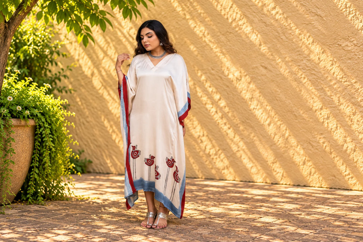 Off-White Birds-by-the-Shore Modal Kaftan/ Hanj Collection