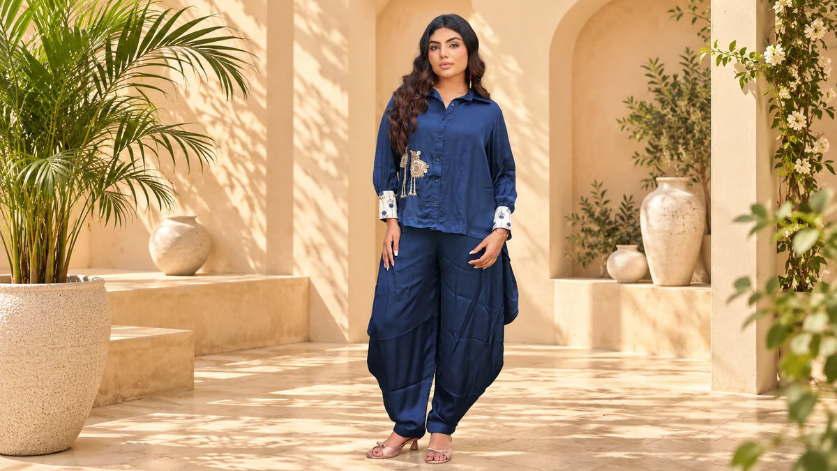 Blue Hand-Embroidered Modal Shirt