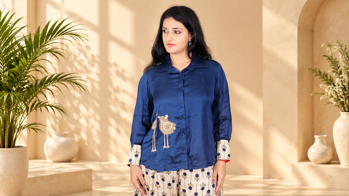 Blue Hand-Embroidered Modal Shirt