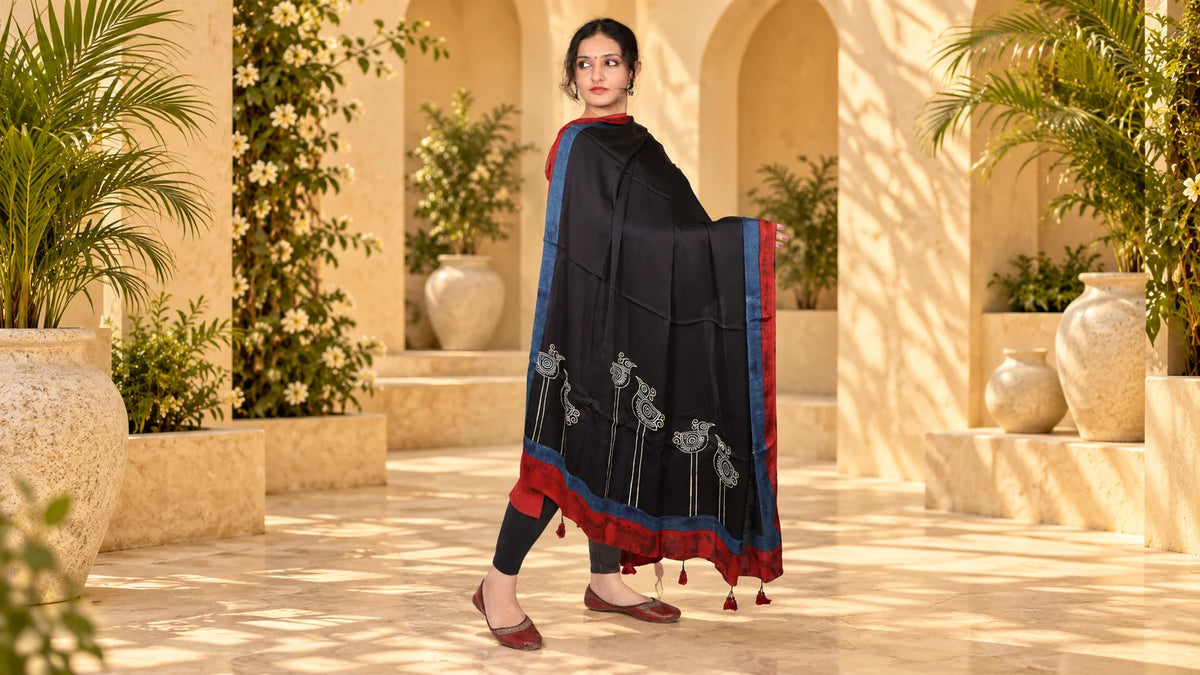 Black Embellished Modal Dupatta/ Hanj Collection