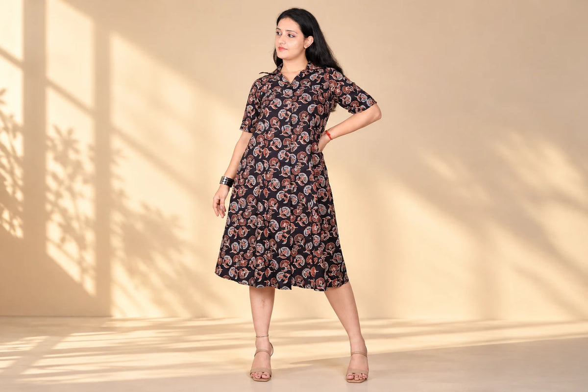 Black Floral Printed A-Line Shirt Dress