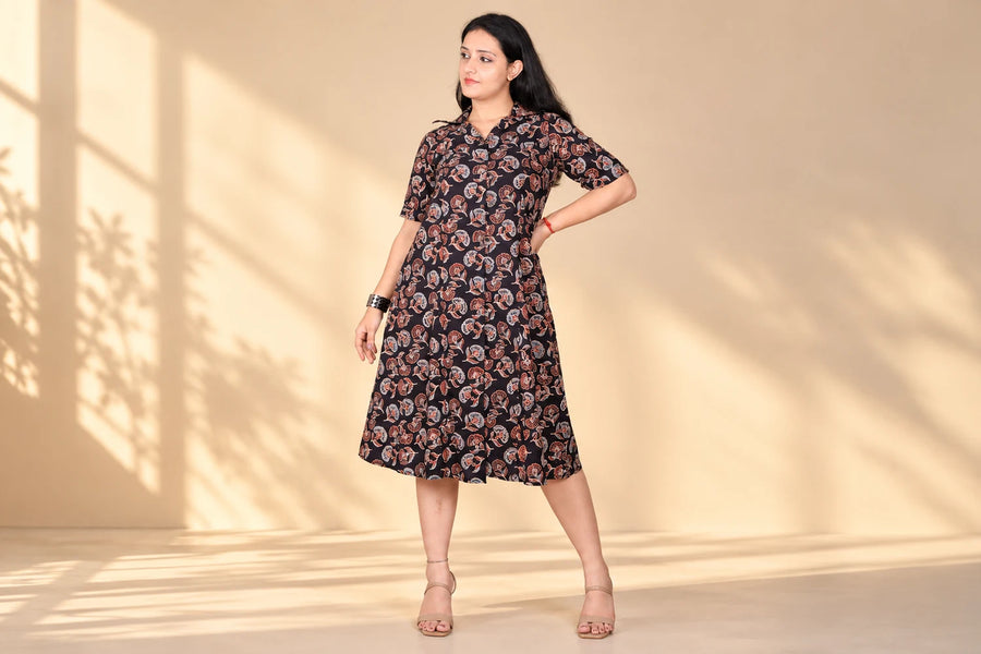 Black Floral Printed A-Line Shirt Dress