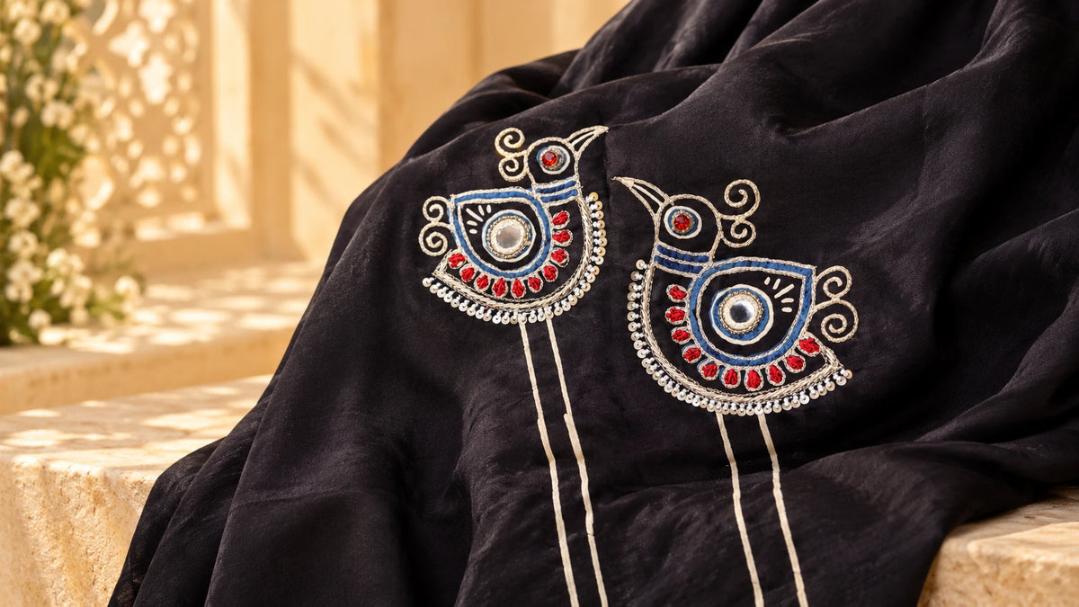 Black Embellished Modal Dupatta/ Hanj Collection