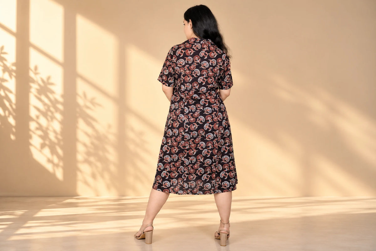 Black Floral Printed A-Line Shirt Dress