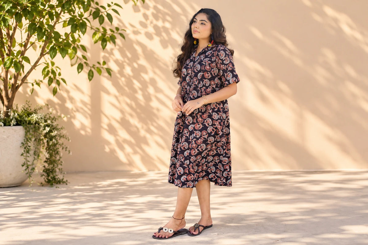 Black Floral Printed A-Line Shirt Dress