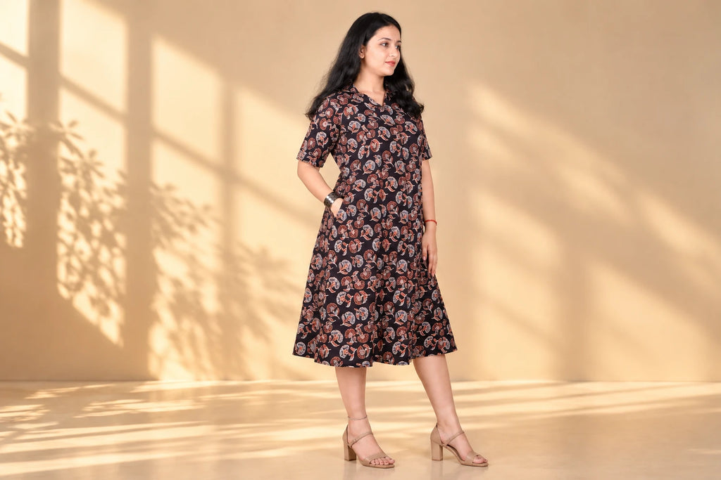 Black Floral Printed A-Line Shirt Dress