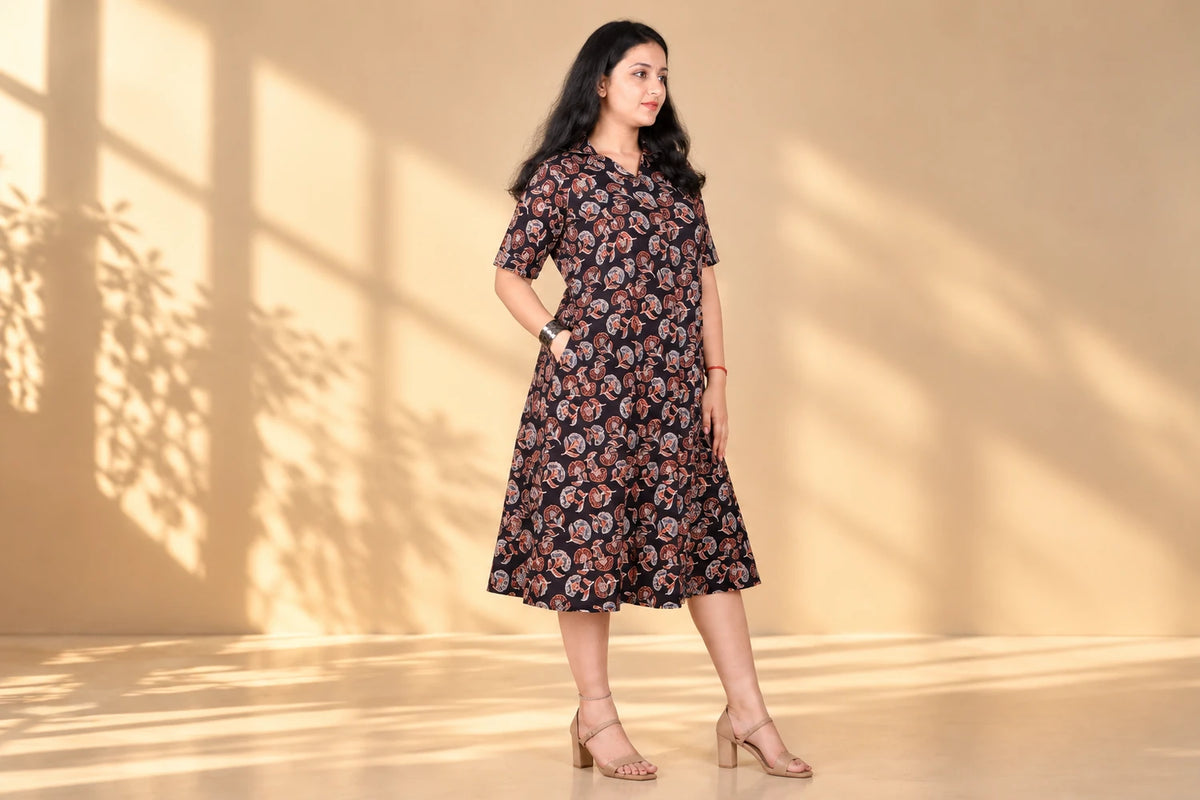 Black Floral Printed A-Line Shirt Dress