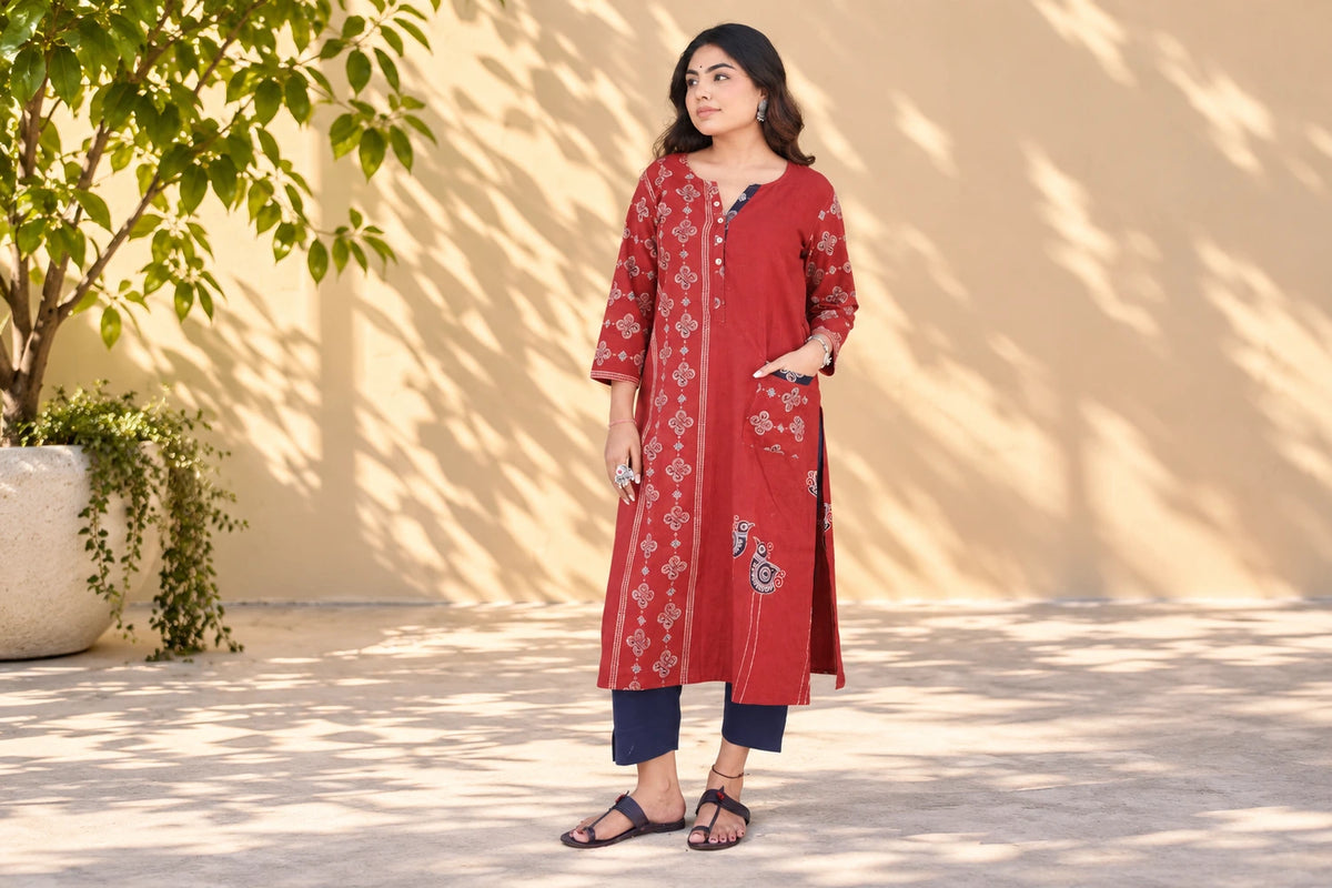 Red Cotton Kurti/Hanj Collection