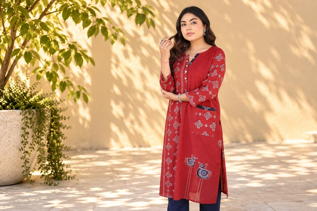 Red Cotton Kurti/Hanj Collection