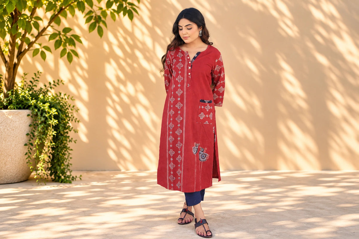 Red Cotton Kurti/Hanj Collection