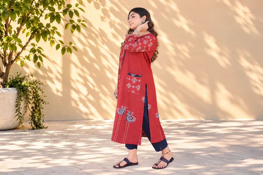 Red Cotton Kurti/Hanj Collection
